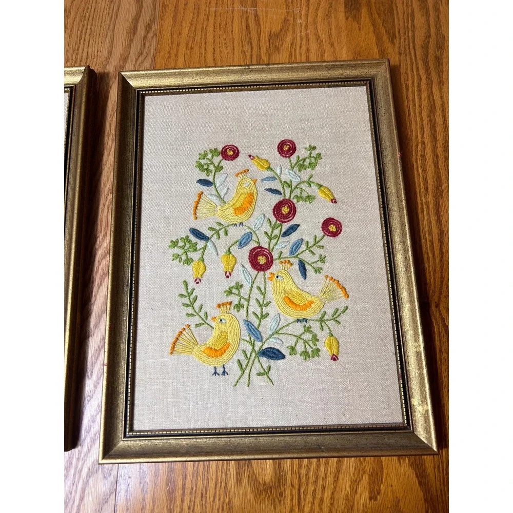 Vintage Hand Embroidered Bird Wall Art Pair Framed Folk Art Cottagecore Grandma